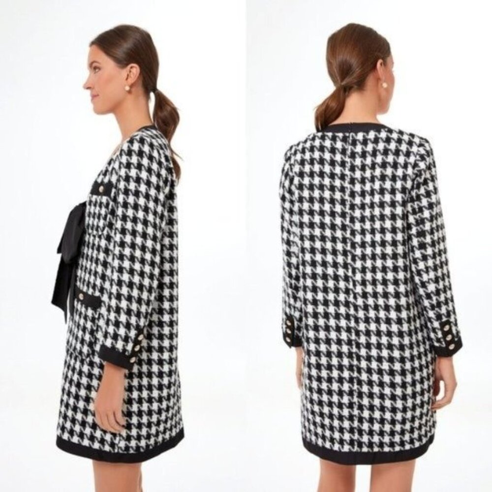 Pomander Place | NEW Coco Tweed Houndstooth Bow Mini Dress Black White Size XXL - Picture 3 of 13